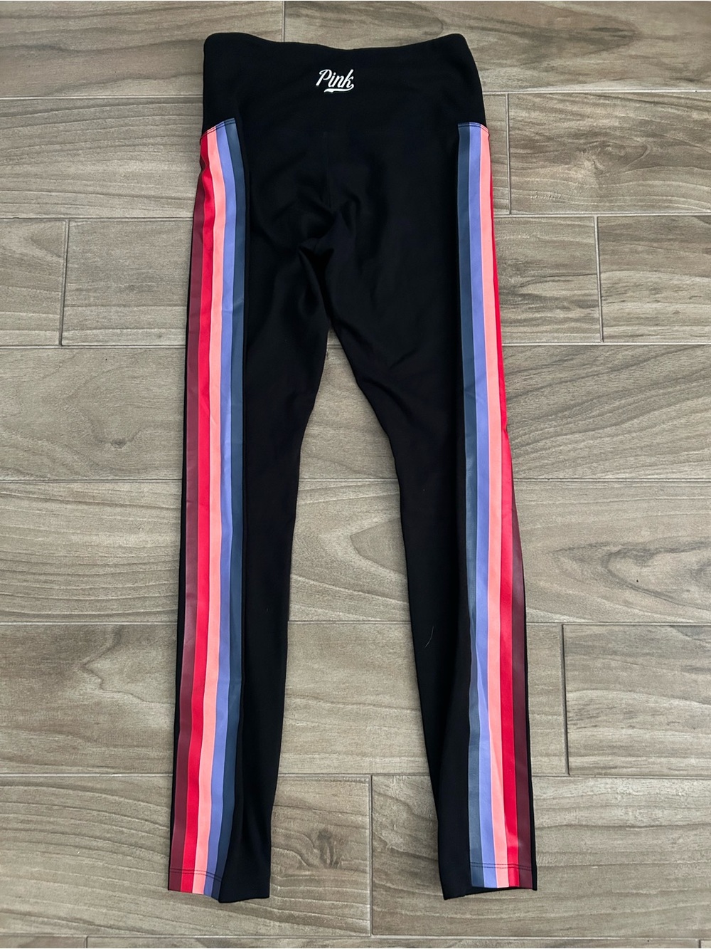 PINK Victoria's Secret Black Leggings with Pink, Red and Blue Side Stripes